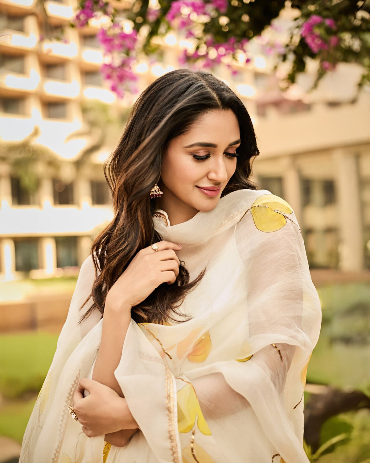 Yellow anthuriums on Ivory Flared kurta