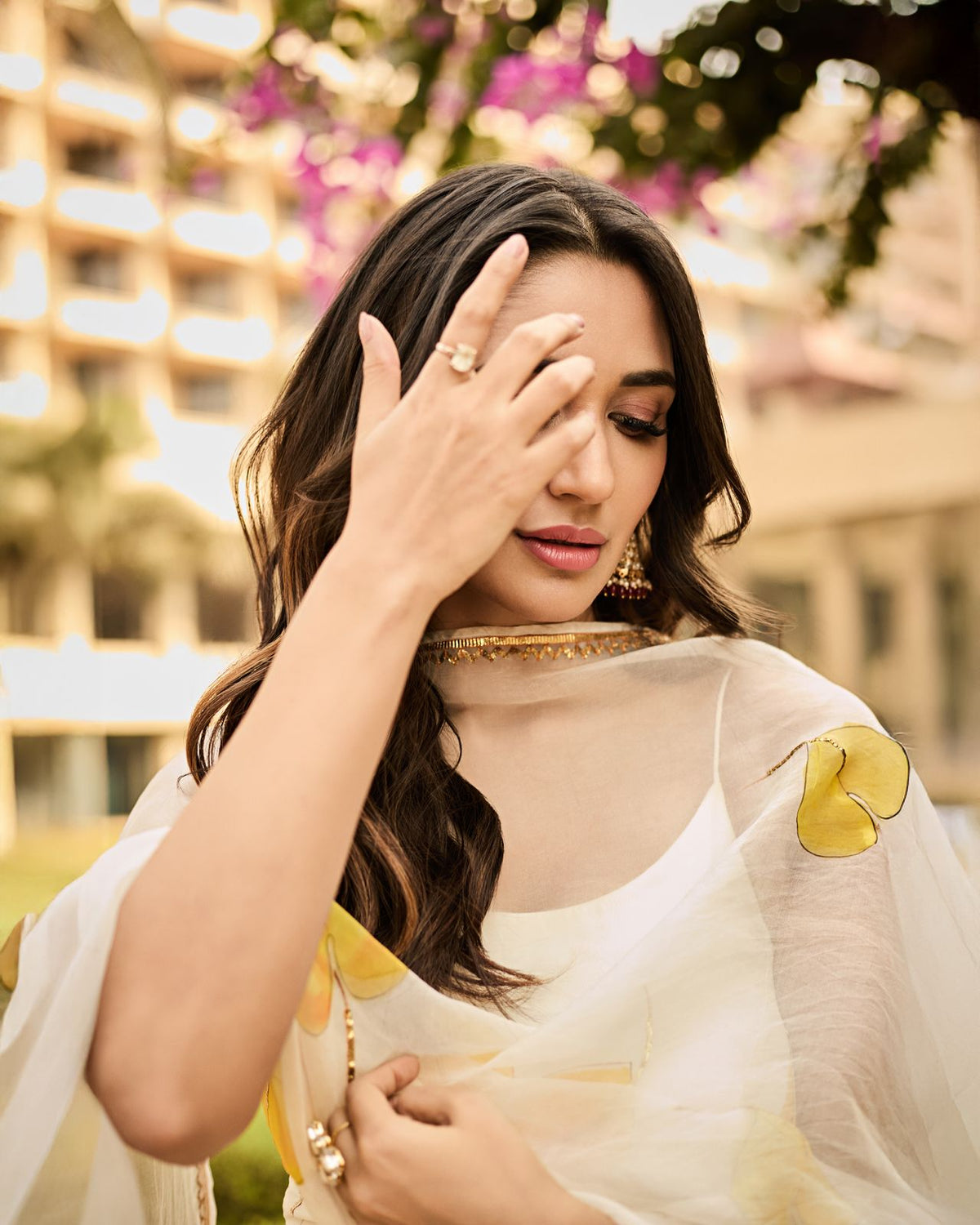 Yellow anthuriums on Ivory Flared kurta