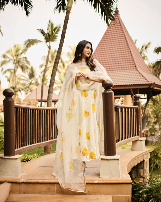 Yellow anthuriums on flaired kurta