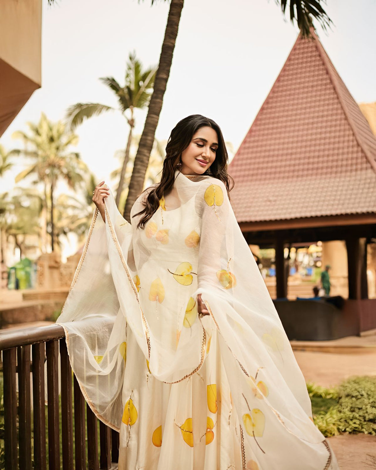 Yellow anthuriums on Ivory Flared kurta