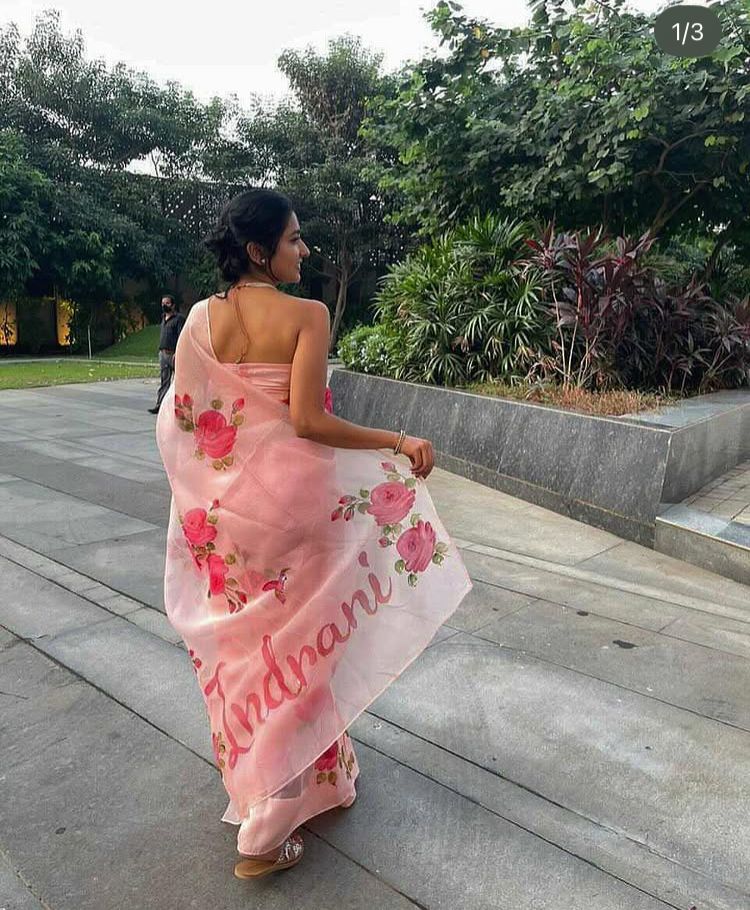 Custom Name on Rosepink Organza Saree