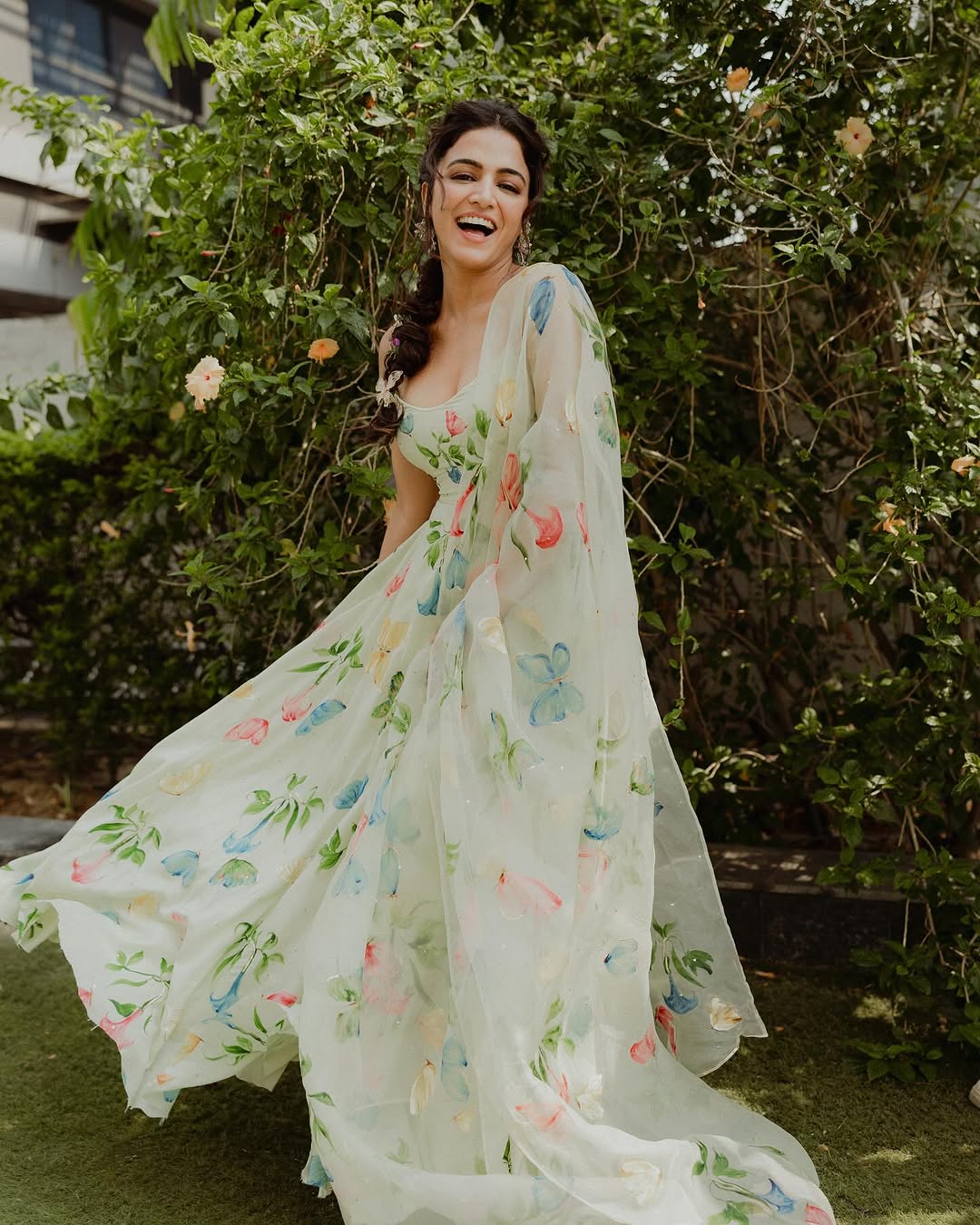 Angel’s Trumpets on pista flaired kurta & organza duppata with butterflies