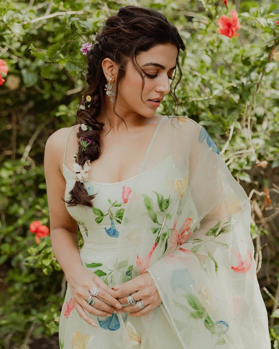 Angel’s Trumpets on pista flaired kurta & organza duppata with butterflies