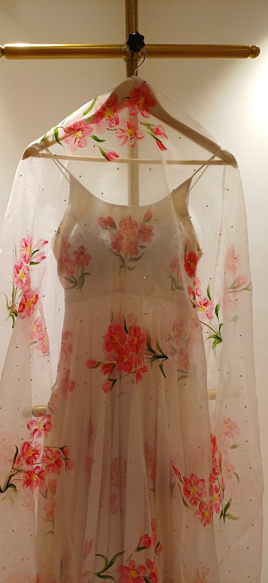 Cherry red lilies on dull ivory flaired kurta & organza duppata with sequins