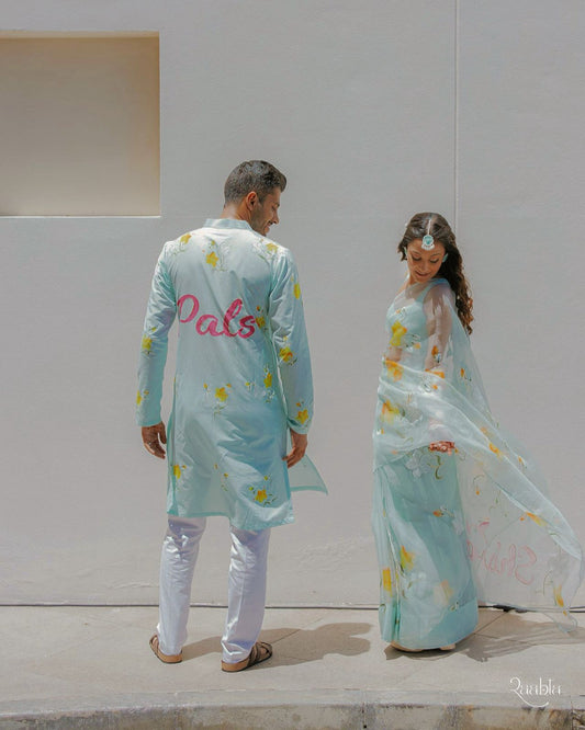 Lilies on Powder Blue Mens kurta with custom name