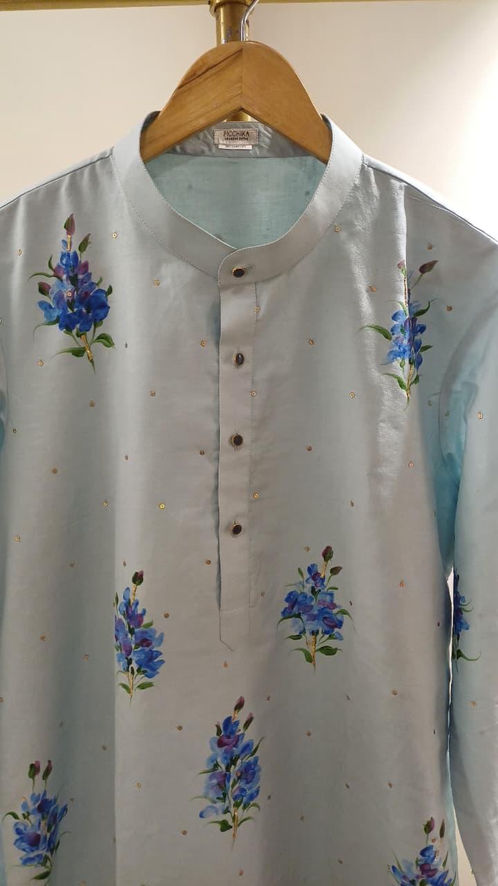 Blue Muscari flowers on Powder Blue Mens kurta with Sitara's