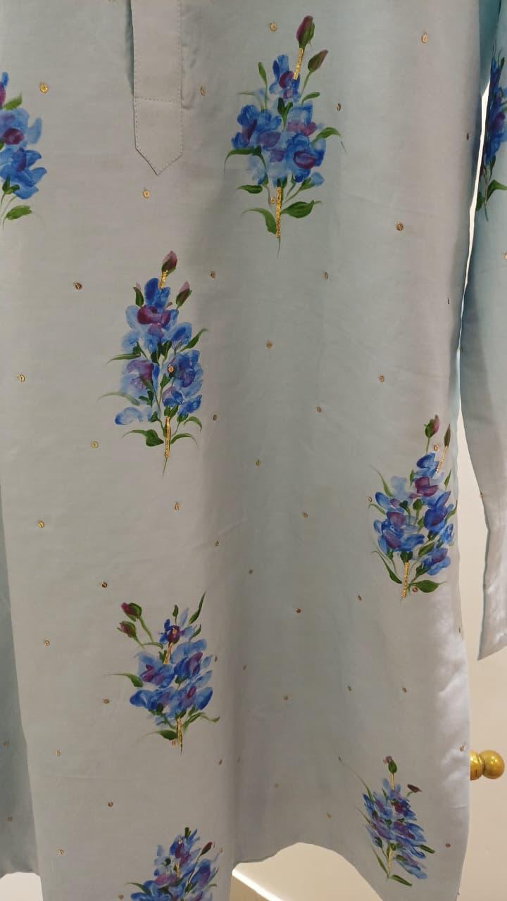 Blue Muscari flowers on Powder Blue Mens kurta with Sitara's
