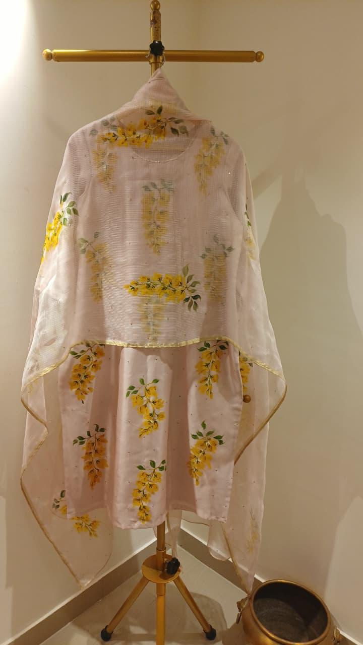 Korean Golden Rains on Lilac Silk Kurta – hand painted by PICCHIKA
