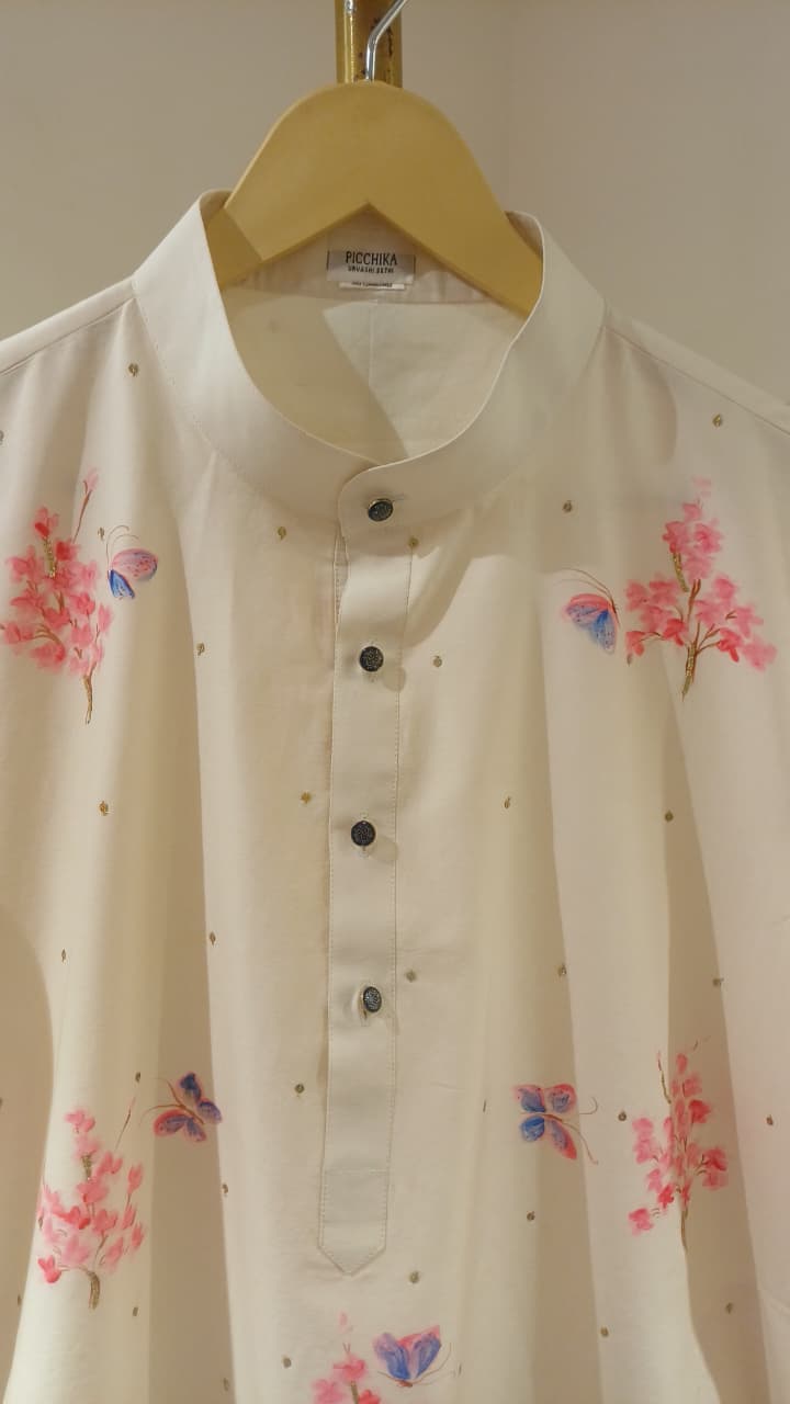 Cherry blossom with Iridescent Butterflies with Sitara’s on a dull ivory Mens kurta
