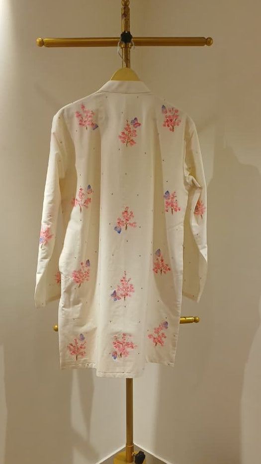 Cherry blossom with Iridescent Butterflies with Sitara’s on a dull ivory Mens kurta