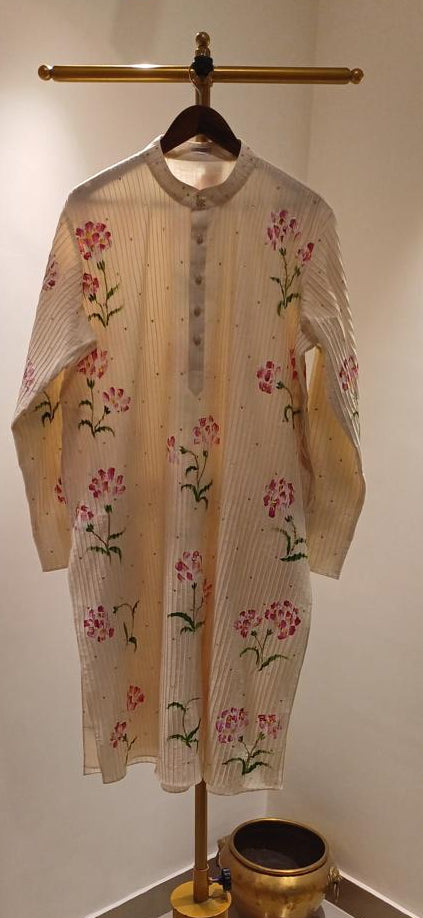 Carnations on dull ivory Mens kurta with Pin tucks & minimal Sitara’s