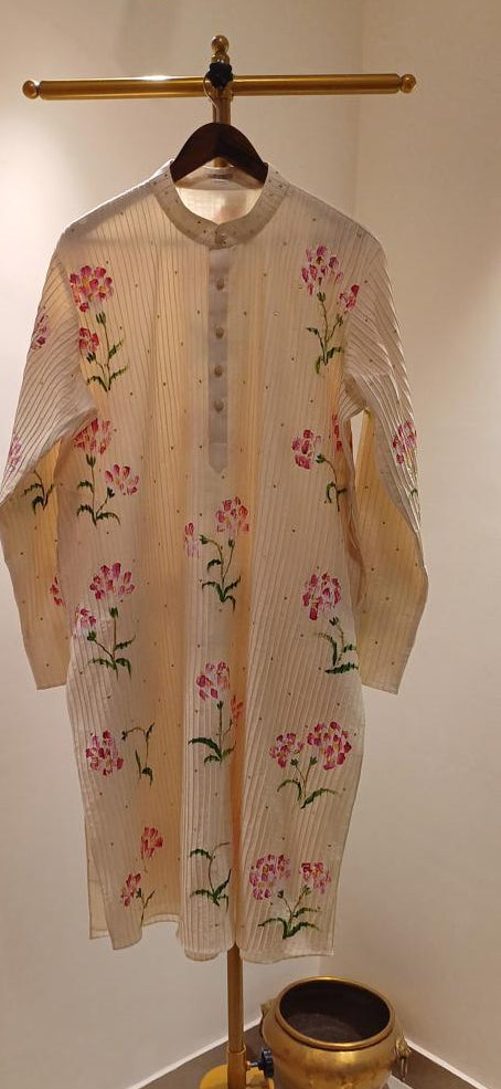 Carnations on dull ivory Mens kurta with Pin tucks & minimal Sitara’s