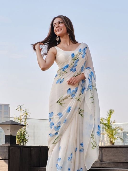 Blue Tulips on flat silk chiffon saree with Sequins