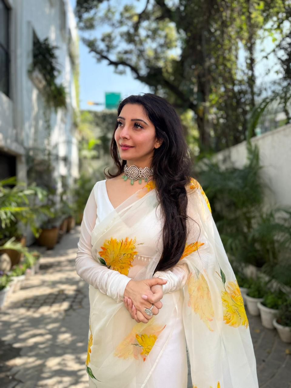 Yellow Muscari flowers on Ivory Organza Saree by PICCHIKA – view 9