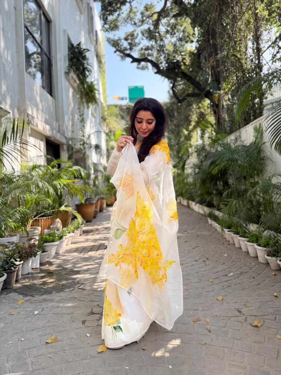 Yellow Muscari flowers on Ivory Organza Saree by PICCHIKA – view 8