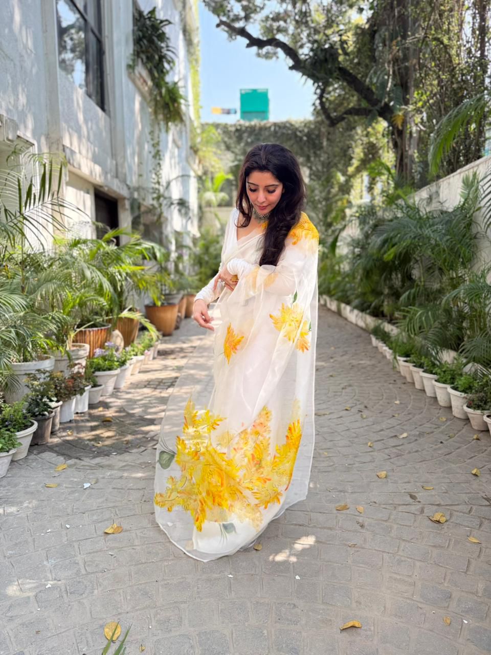 Yellow Muscari flowers on Ivory Organza Saree by PICCHIKA – view 6