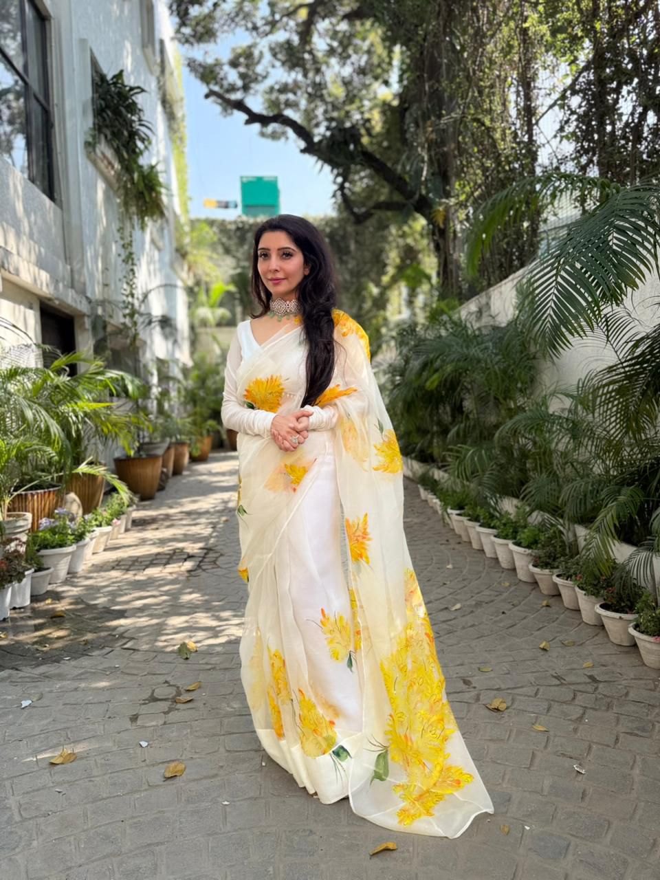 Yellow Muscari flowers on Ivory Organza Saree – hand painted by PICCHIKA