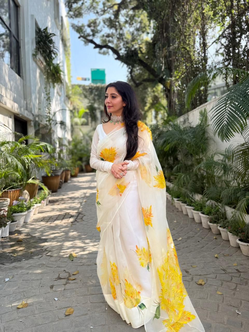 Yellow Muscari flowers on Ivory Organza Saree by PICCHIKA – view 7