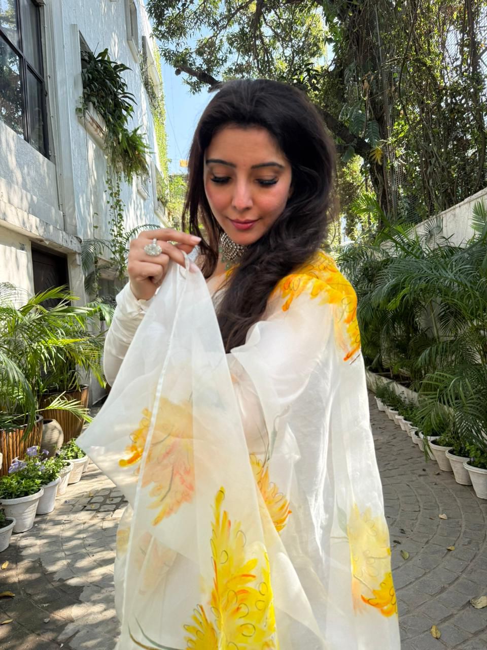 Yellow Muscari flowers on Ivory Organza Saree by PICCHIKA – view 4