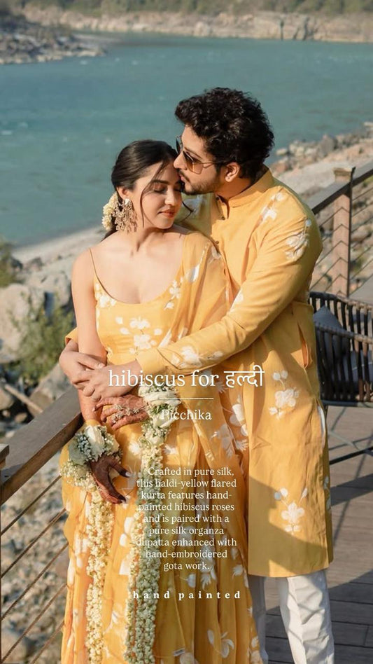 Hibiscus on Haldi Yellow Flared Silk Kurta