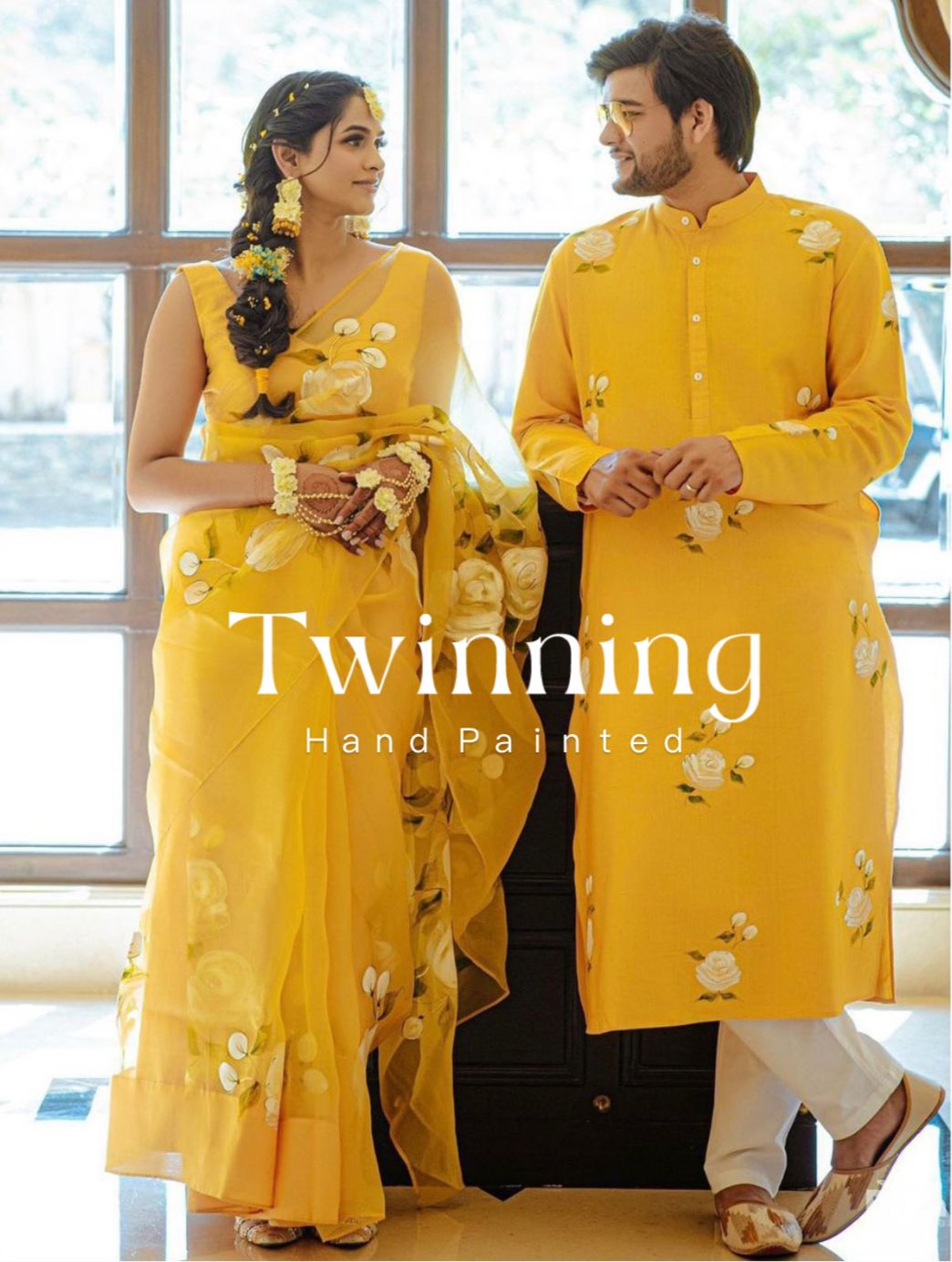White Roses on Haldi yellow Mens kurta