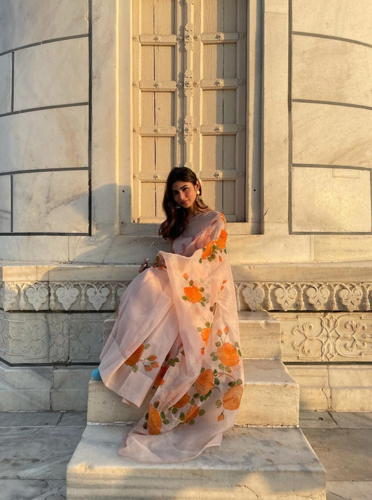 Custom Name on Saffron Roses Organza Saree