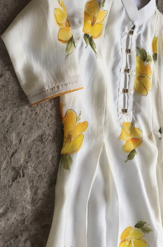 Lemon Apple Rose on Ivory Silk Kurta