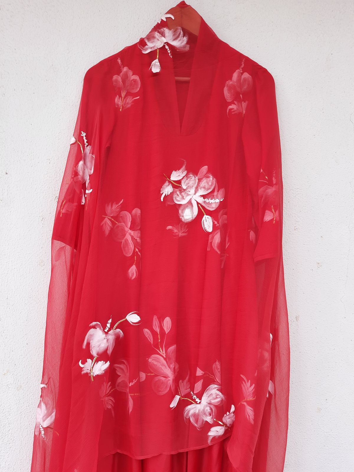 White Hibiscus Rose on Red Kurta