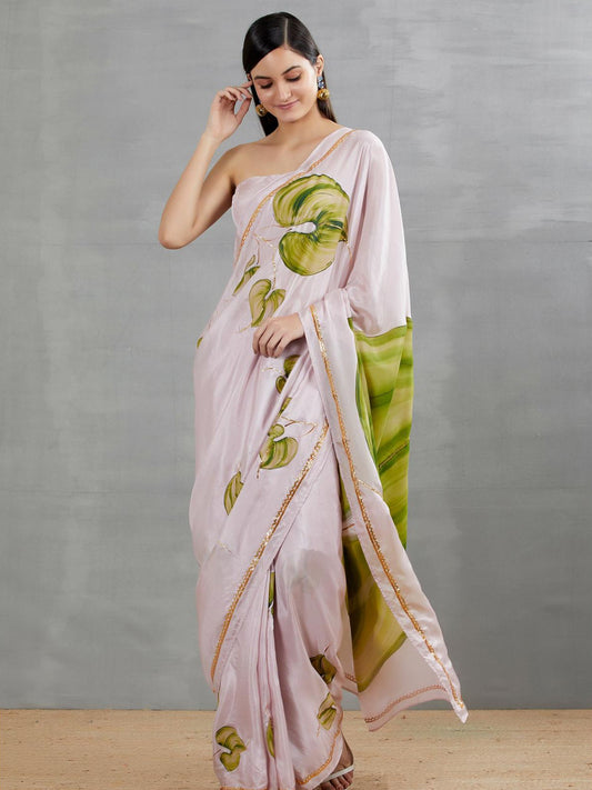 Green Anthuriums on Lilac Silk Saree with border