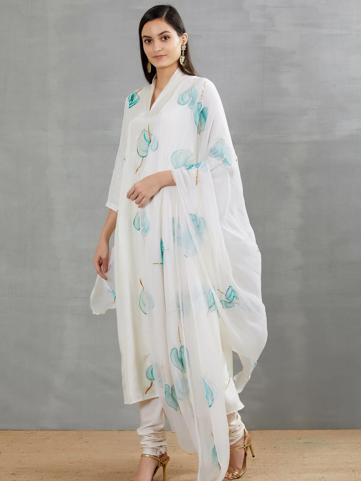 Blue Anthuriums On Dull Ivory Silk Kurta