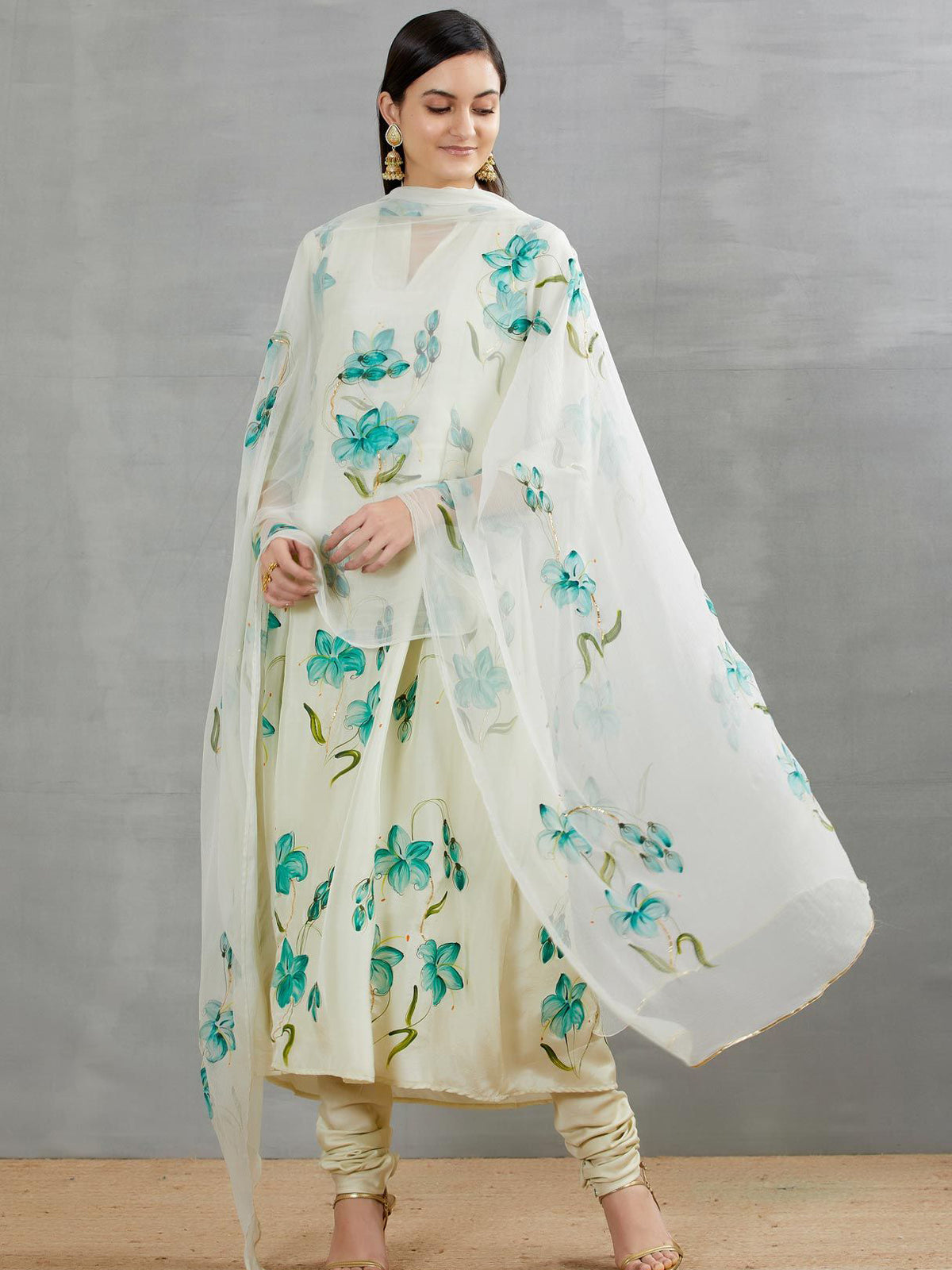 Lilies on Pista Silk Kurta