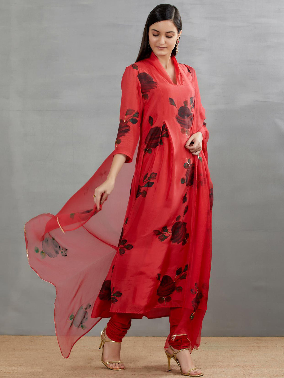 Black Roses On Red Silk Kurta