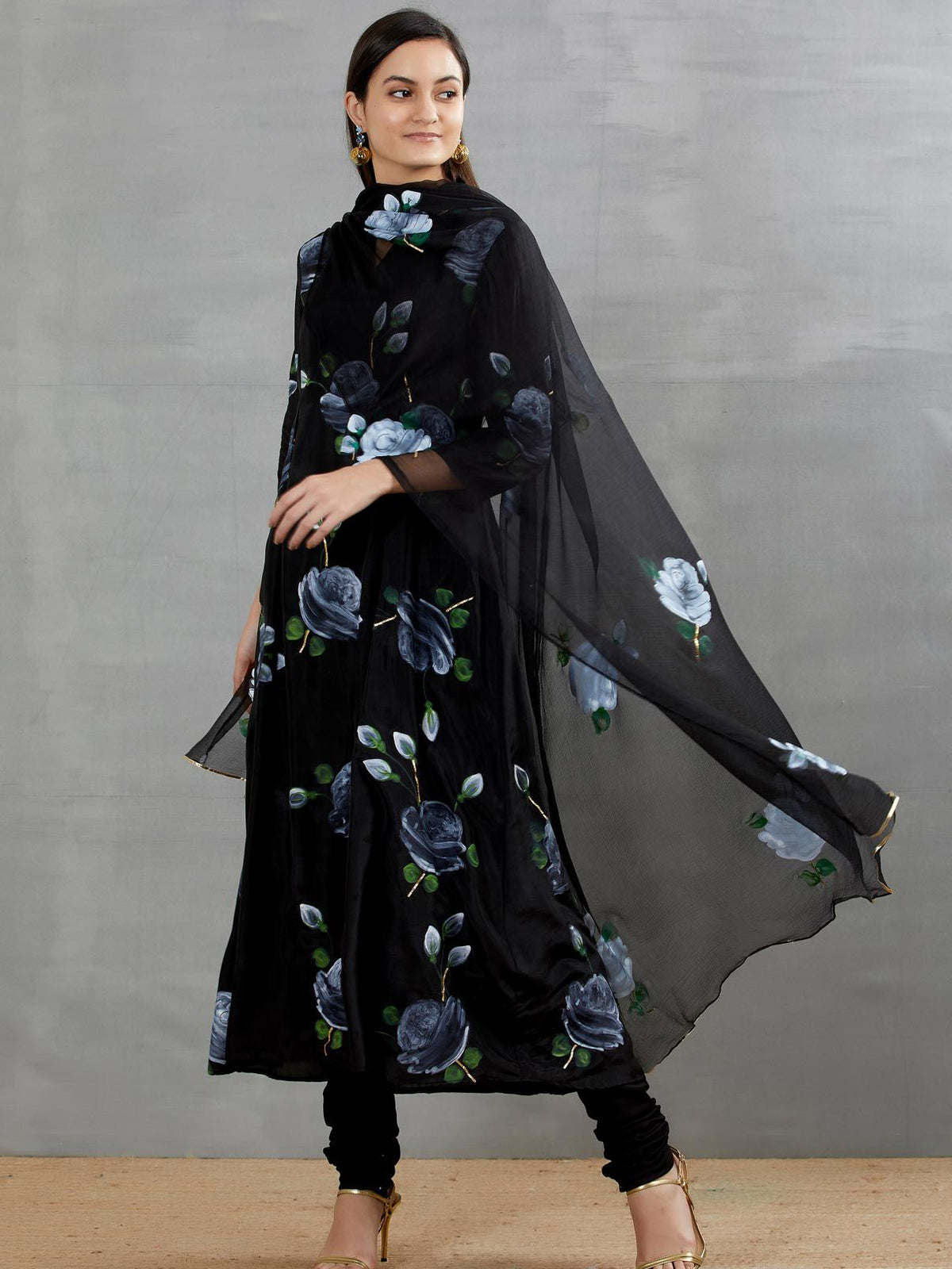 White Roses on Charcoal Black kurta