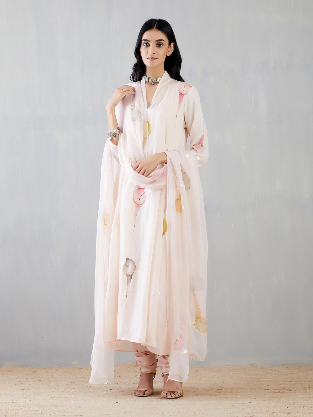 Multi Colour Calla Lily On Dull Rose Kurta