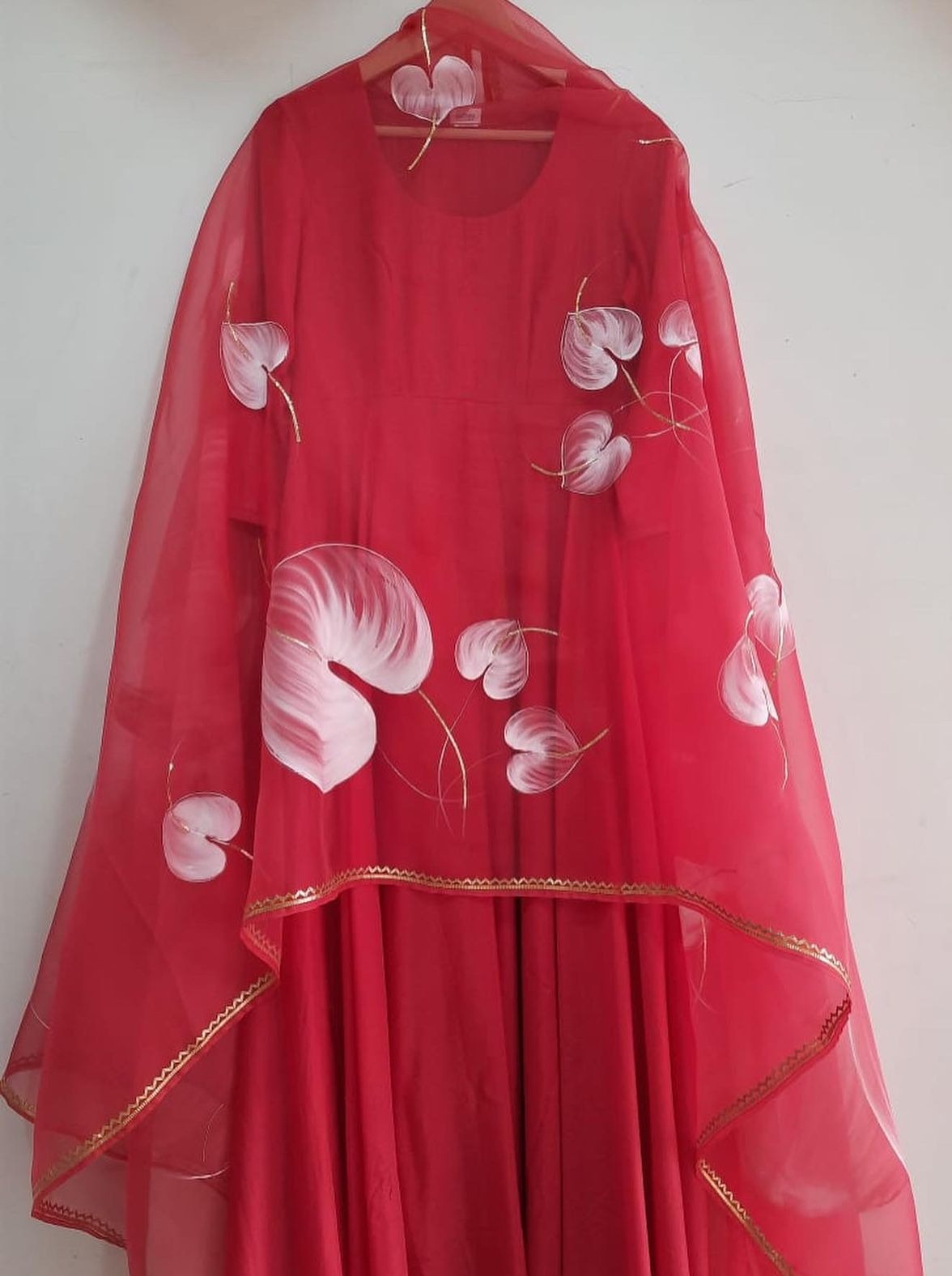 White Anthuriums on Red Spaghetti Strap Kurta
