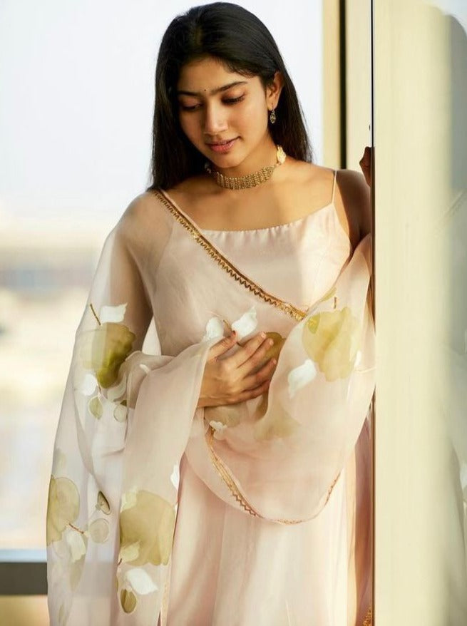 Olive Green Rose On Dull Rose Organza Dupatta with plain Flared Silk Kurta