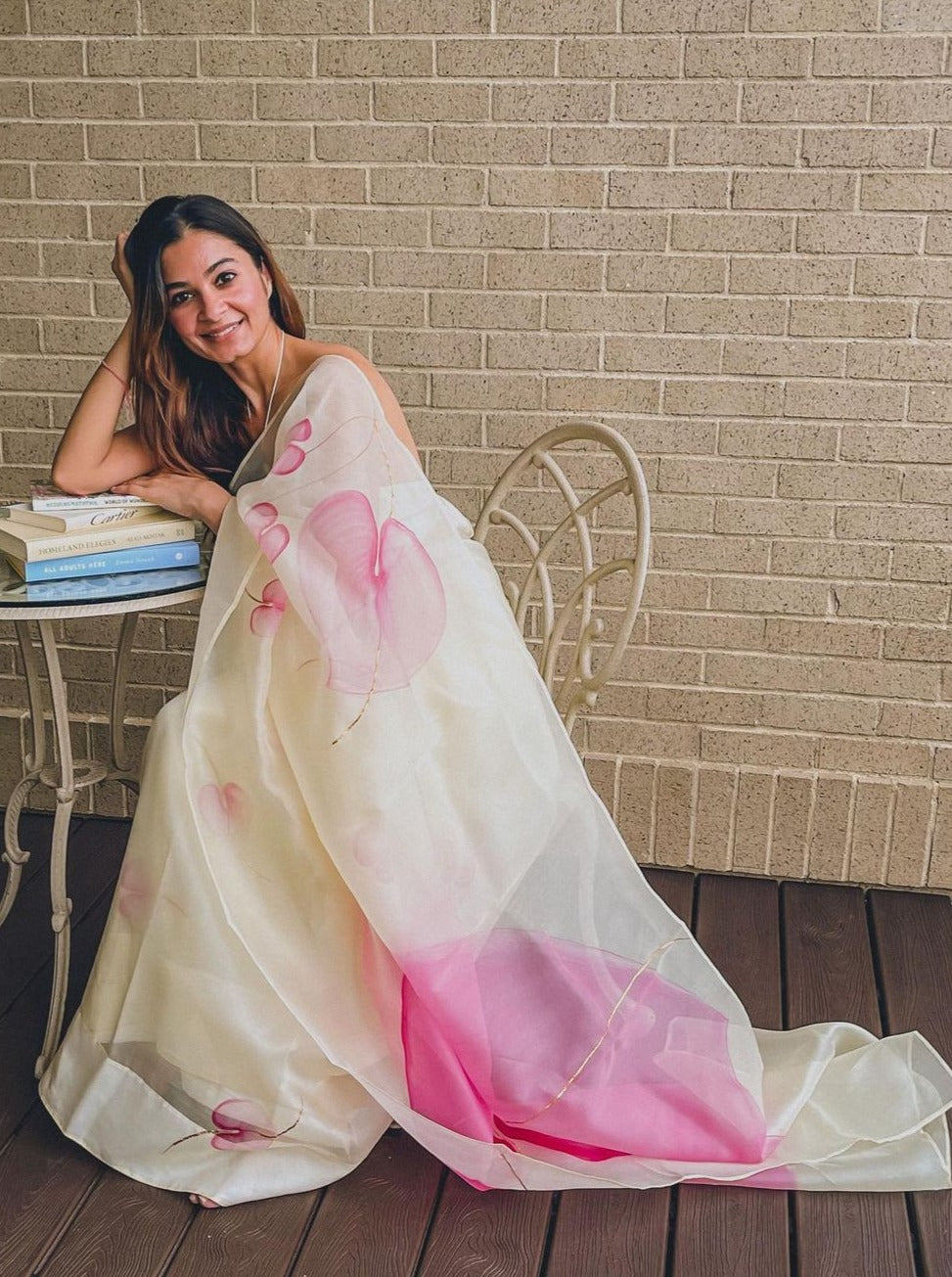 Pink Anthurium on Lemon Organza Saree
