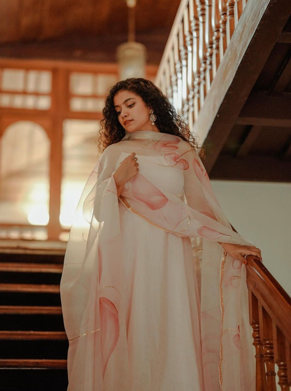Pink Anthuriums on Dull Rose Spaghetti Strap Kurta