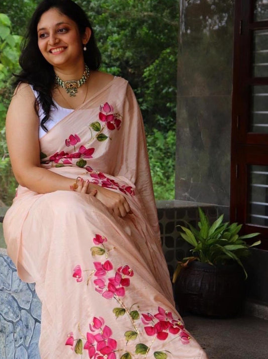 Cherry Red Bouganville’s on Dull Rose on Silk Saree