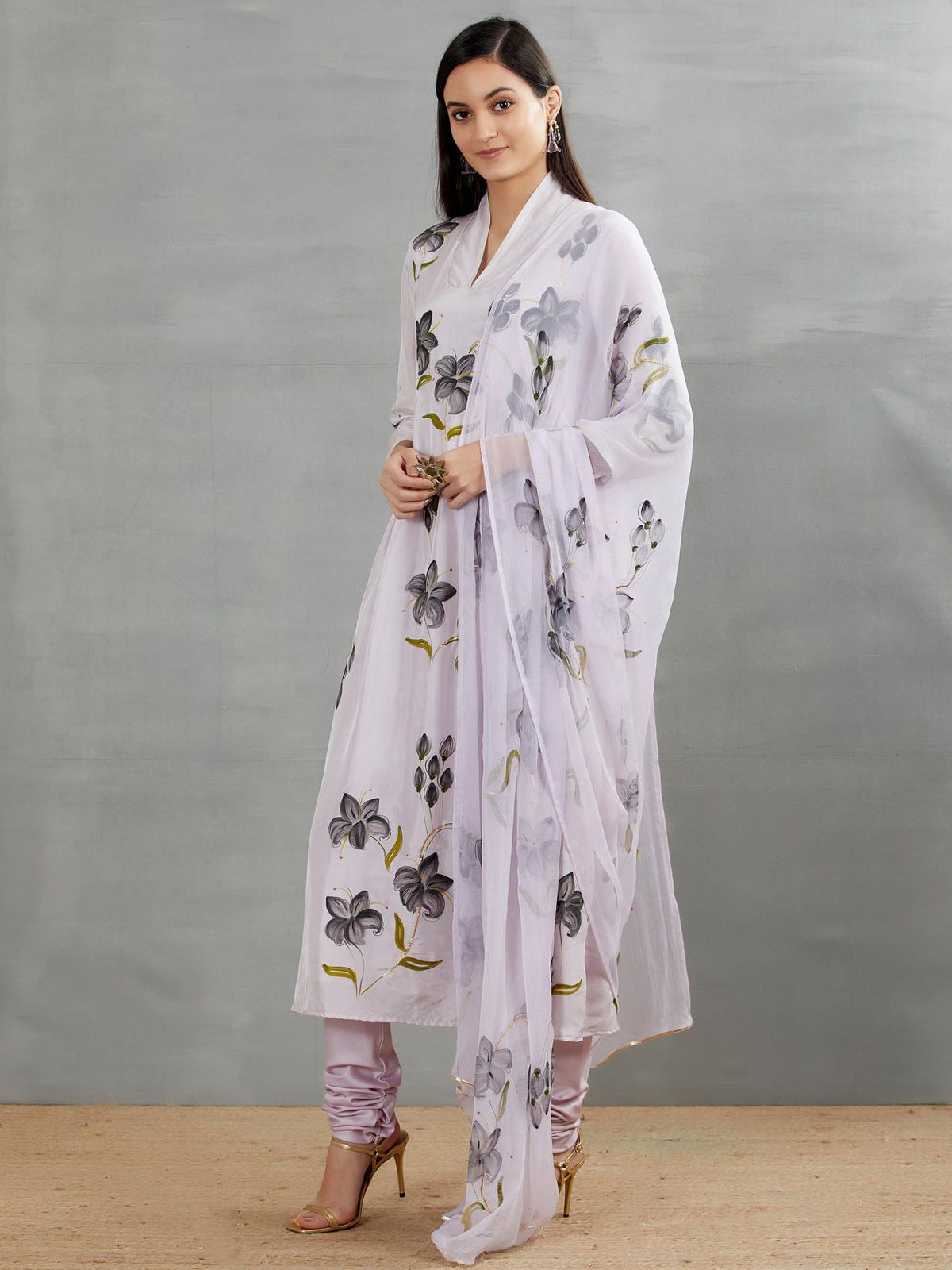 Black Lilies On Lilac Silk Kurta