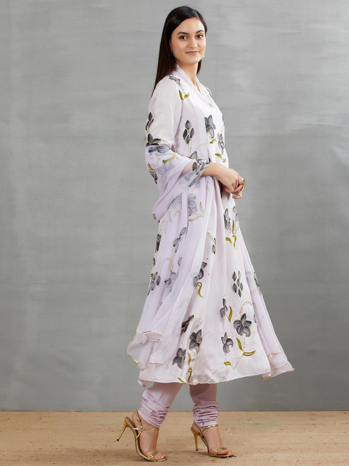 Black Lilies On Lilac Silk Kurta