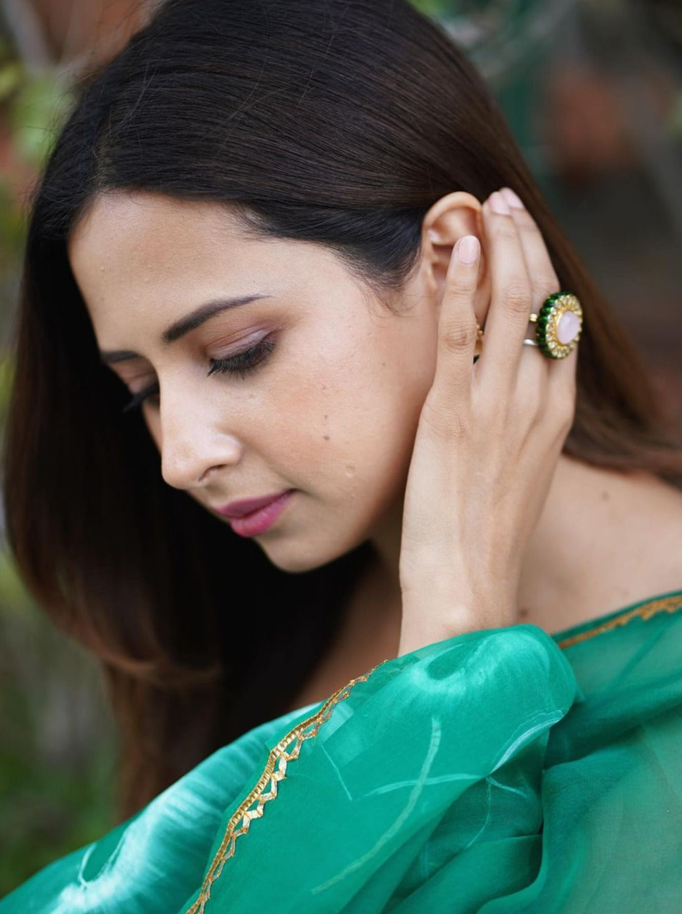 White Anthuriums on Emerald green Organza Duppata with Plain Flared Silk Kurta
