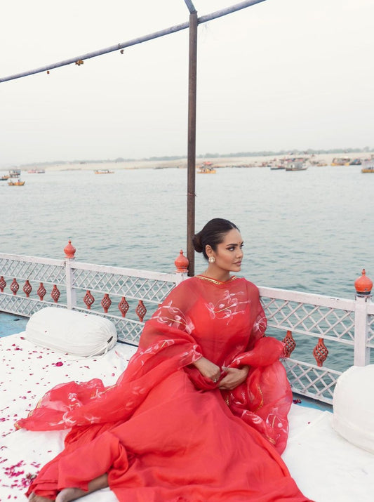 White Songbirds on Red Flaired Kurta