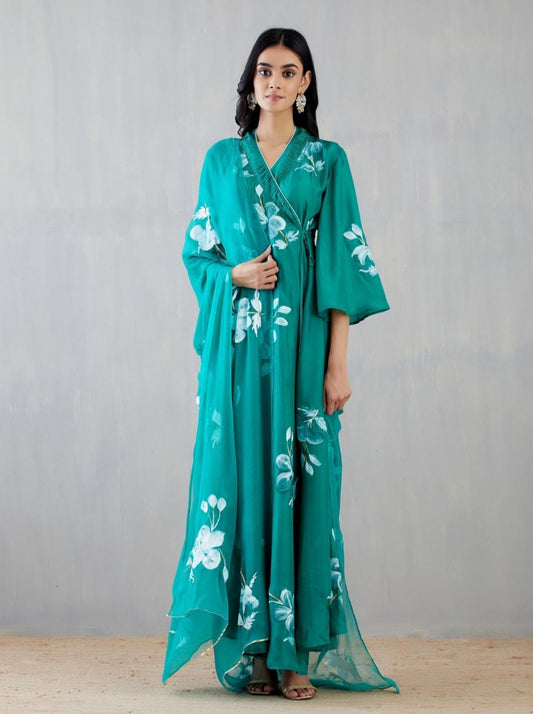 Tie Up In Hibiscus Roses On Emerald Green Kurta