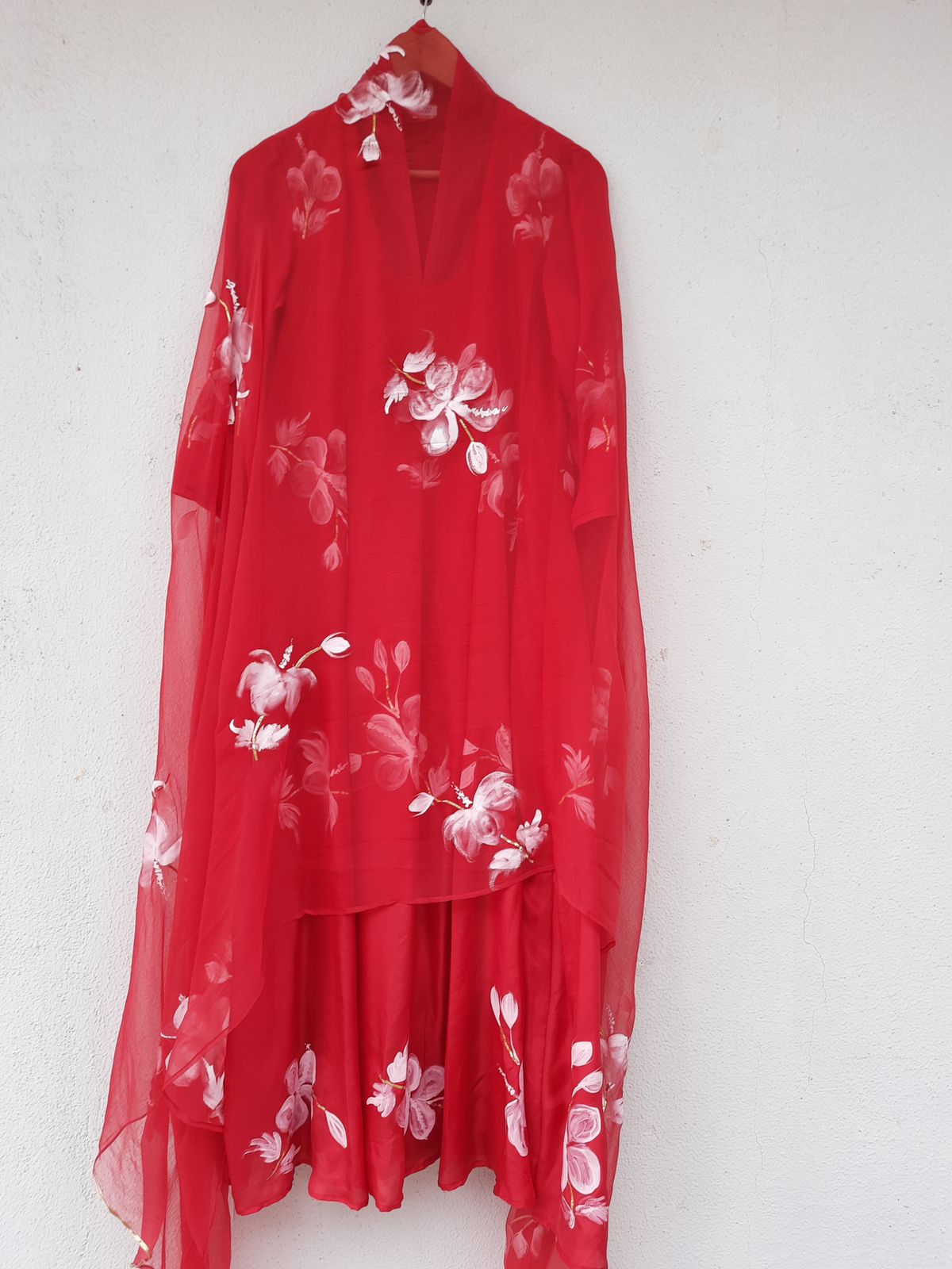 White Hibiscus Rose on Red Kurta