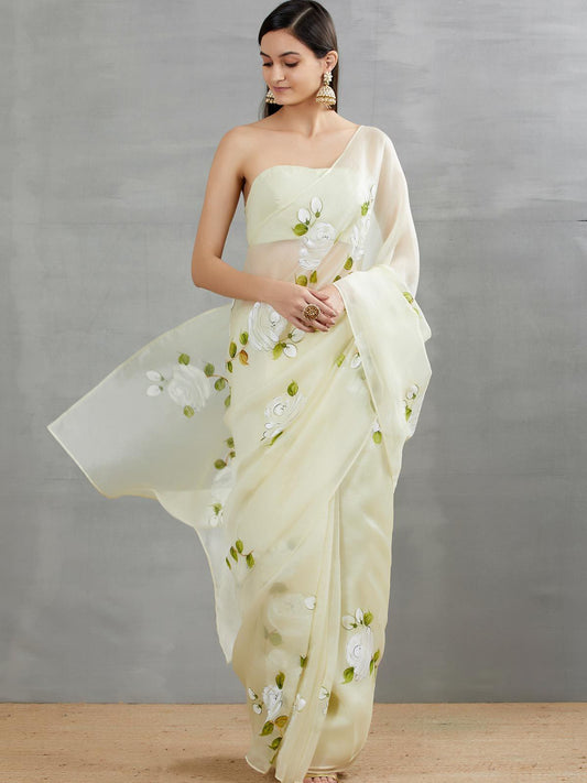 White Roses On Lemon Organza Saree