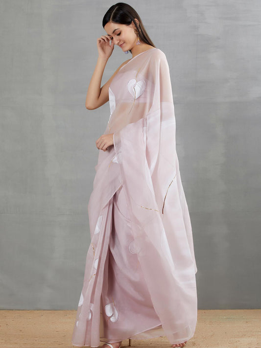 White Anthuriums On Lilac Organza Saree