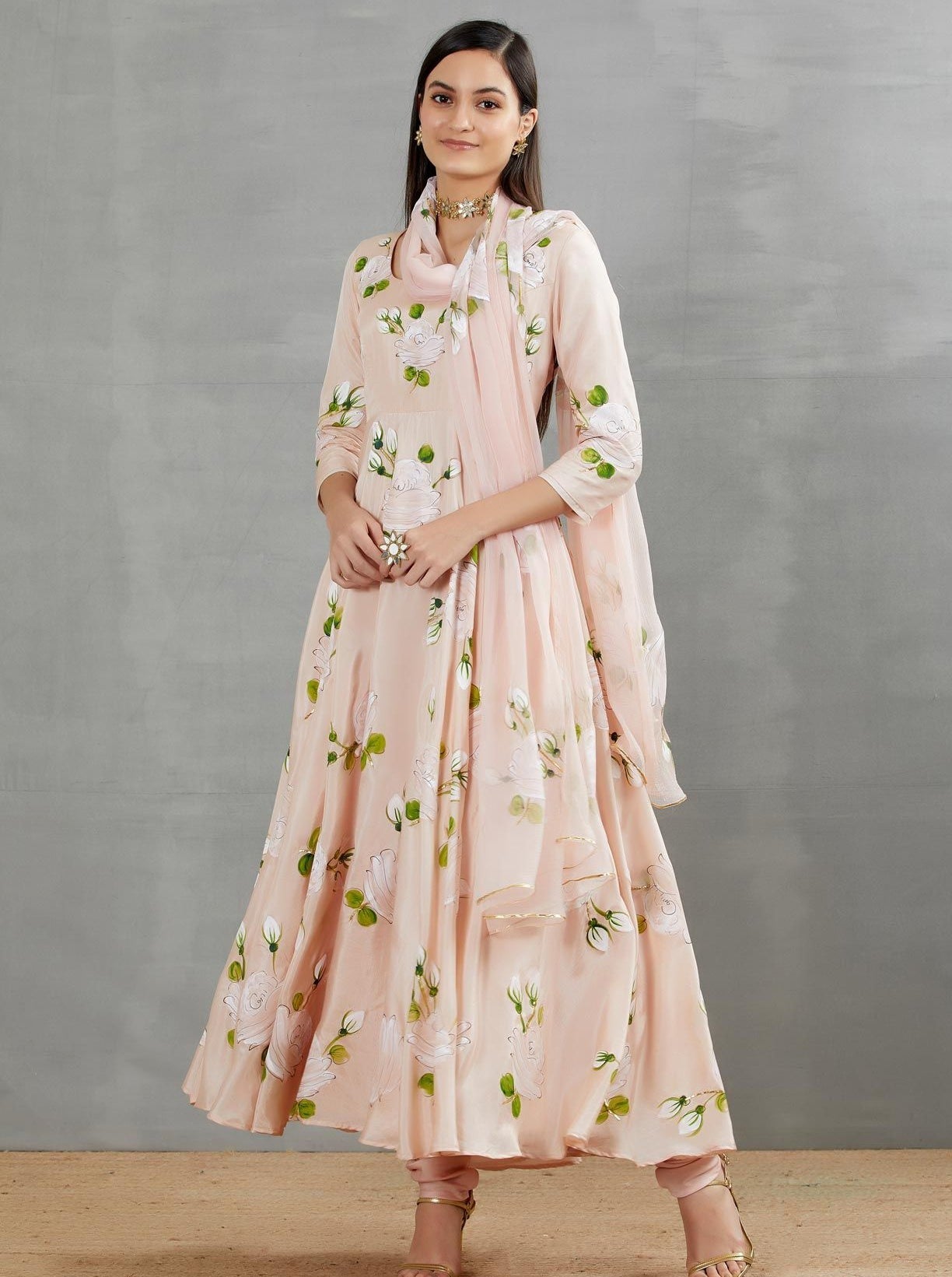 White Roses on A Dull Rose Flaired Kurta