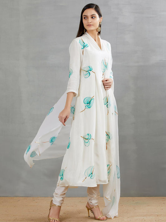 Blue Anthuriums On Dull Ivory Silk Kurta