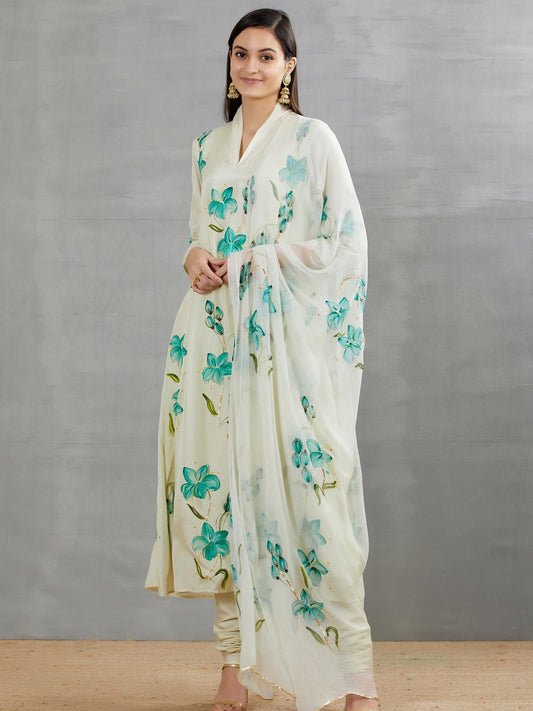 Lilies on Pista Silk Kurta